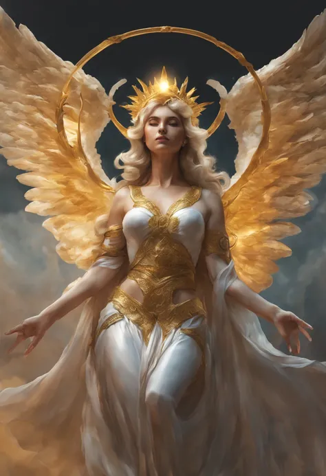 a beautiful vouptuous angel warrior woman with a golden halo above the head that is standing in the heaven, harpy face above a c...