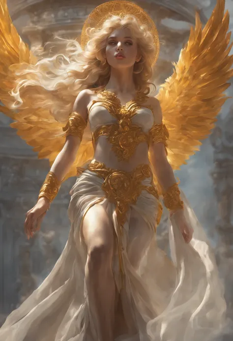 a beautiful vouptuous angel warrior woman with a golden halo above the head that is standing in the heaven, harpy face above a c...