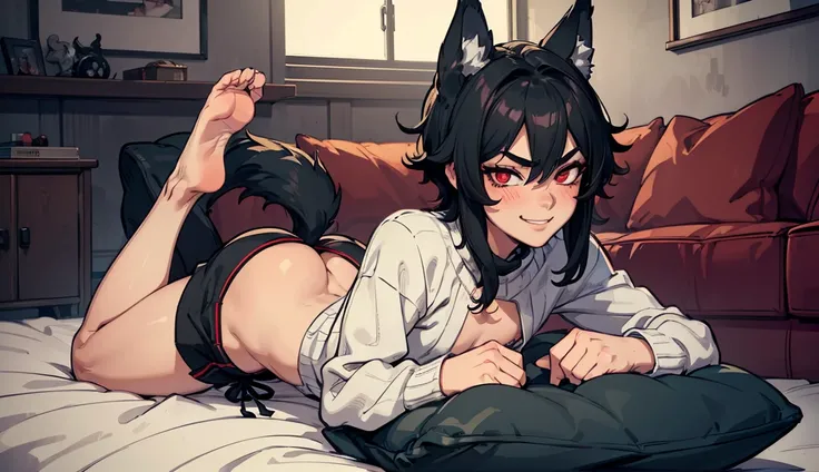 (((1boy))), big sharp ears, fluffy wolf tail, black hair, red eyes, half open eyes, big thighs, slim waist, smug, twink, living room setting, gym booty shorts, sweater, blushing, full body view, ultra masterpiece, HD, comfy atmosphere, (((flat chest))), cl...