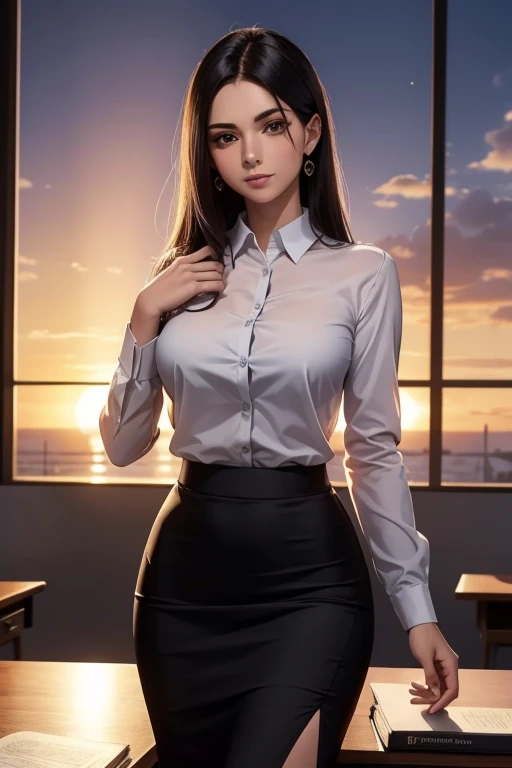 1 garota, sala de aula, seios enormes, elegante, Lindo, camisa branca, black pencil skirt, Corpo fino, Cabelo longo, manga curta, Copos, desk, sunset