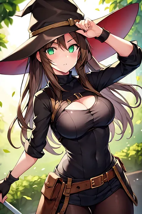 1girl, brown hair, green eyes, breasts, black shirt, belt, which hat, glowing eyes, serious, magic,