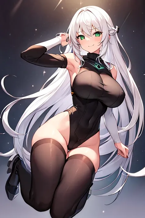 1girl, white hair, long hair, large breasts, breasts, wide hips, green eyes, smile, bodysuit, red bodysuit, black thighhighs, thighhighs, green trim, sleeveless, black pantyhose, pantyhose, futuristic, tech, science-fiction, full body, ((full body)),