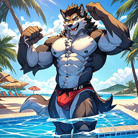 lobo com o corpo musculoso suado, in only beach underwear excited and ejaculated in a sexy pose in a pool.