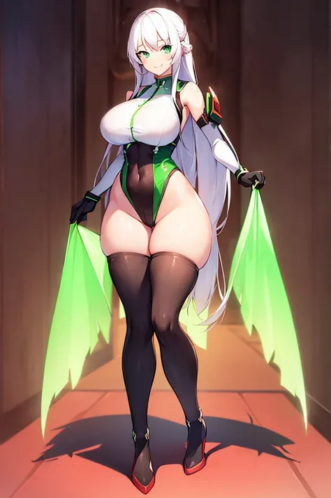 1girl, white hair, long hair, large breasts, breasts, wide hips, green eyes, smile, bodysuit, red bodysuit, black thighhighs, thighhighs, green trim, sleeveless, black pantyhose, pantyhose, futuristic, tech, science-fiction, full body, ((full body)),