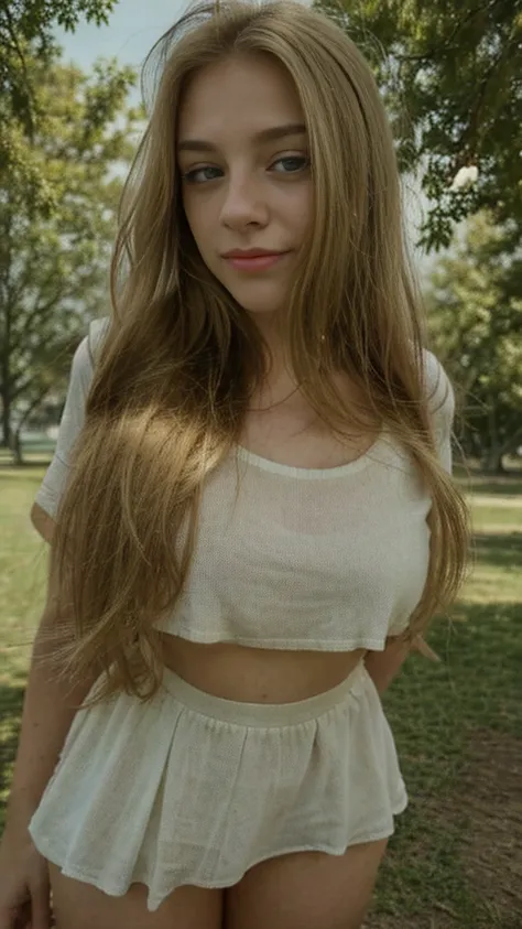 (best quality,8k,highres,masterpiece:1.2),ultra-detailed,realistic,blonde girl with straight hair,extremely beautiful, with freckles on her face,green eyes,upturned nose,thick lips,in a park with a short skirt, white shirt