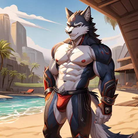 lobo com o corpo musculoso suado, in only beach underwear excited and ejaculated in a sexy pose in a pool.