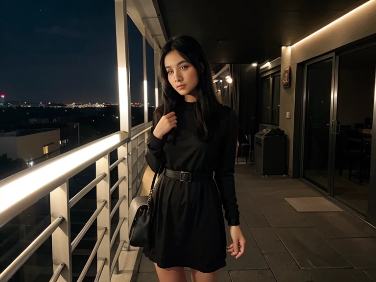 Instagram photo of girl, black hair, medium hair, in black dress, on balcony, full body shot, night street