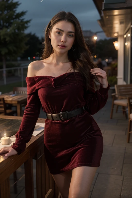 ((best quality)), ((masterpiece)), (detailed), perfect face realistic photo of beautiful woman with long dark brown hair, Russian, influencer, light freckles, dark brown eyes, big lips, no makeup, instagram, elegant off-the-shoulder velvet dress A chic off...