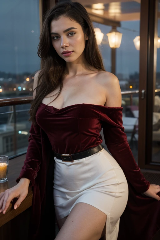 ((best quality)), ((masterpiece)), (detailed), perfect face realistic photo of beautiful woman with long dark brown hair, Russian, influencer, light freckles, dark brown eyes, big lips, no makeup, instagram, elegant off-the-shoulder velvet dress A chic off...