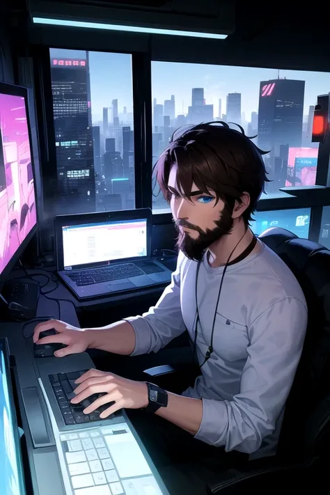 Male guy, beard, blue eyes, brown hair, sitting in front of a pc, coding, tea cup steaming, keyboard, pc mouse, cyber city outside the window, skyline, concentrated work, cyberpunk style, violet and light blue.