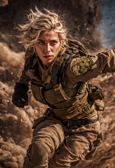 Cinematic battlefield in ruin city, a ultra-detailed hyperrealist photography of a beautiful 20 years old Israeli soldier woman, (blonde hair with extra long wavy), blue eyes, Israeli aesthetics, short hair, night, curvy, beautiful curves, army aesthetics,...