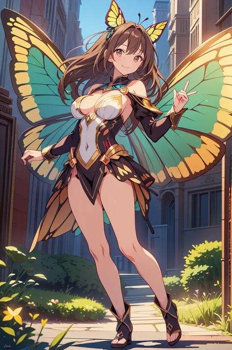 masterpiece, top quality, high resolution, perfect human structure, background focus, front view, shiny hair, brown hair, sorceress costume, butterfly spell power, shiny butterfly powers, city, full body, smile, wings butterfly, ultra hd