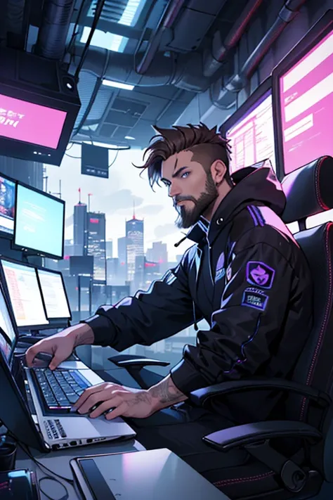 Male guy, beard, blue eyes, brown hair, sitting in front of a pc, coding, tea cup steaming, keyboard, pc mouse, cyber city outside the window, skyline, concentrated work, cyberpunk style, violet and light blue.