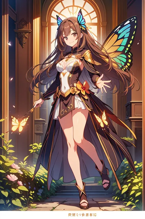 masterpiece, top quality, high resolution, perfect human structure, background focus, front view, shiny hair, brown hair, sorceress costume, butterfly spell power, shiny butterfly powers, city, full body, smile, wings butterfly, ultra hd