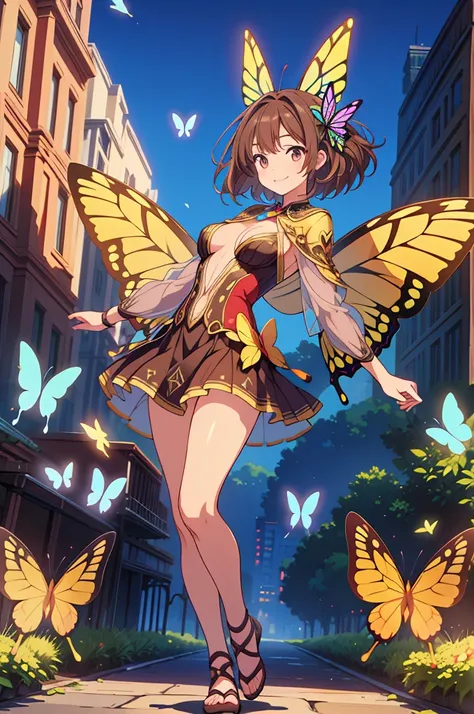 masterpiece, top quality, high resolution, perfect human structure, background focus, front view, shiny hair, brown hair, sorceress costume, butterfly spell power, shiny butterfly powers, city, full body, smile, wings butterfly, ultra hd