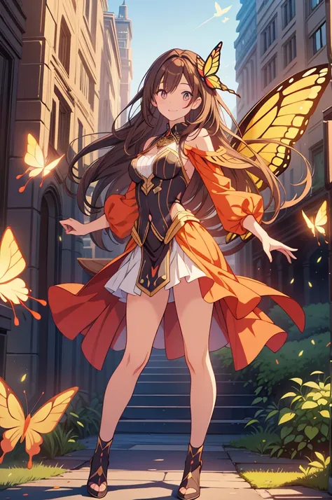 masterpiece, top quality, high resolution, perfect human structure, background focus, front view, shiny hair, brown hair, sorceress costume, butterfly spell power, shiny butterfly powers, city, full body, smile, wings butterfly, ultra hd