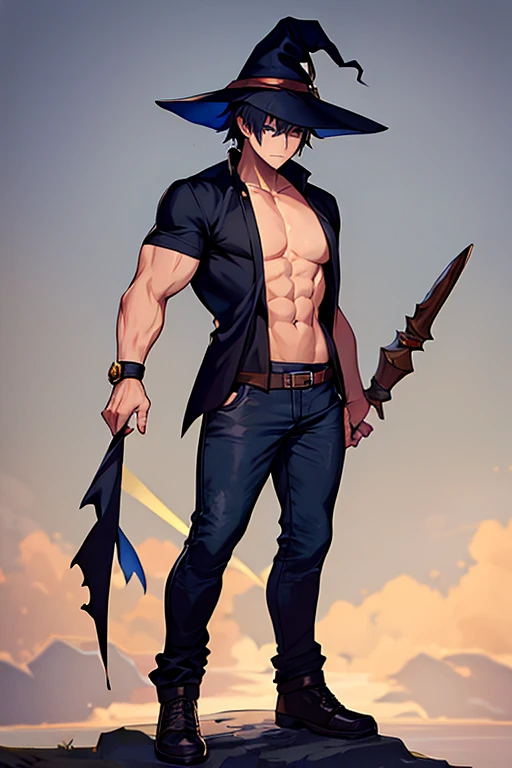 1boy, short hair, 1guy, witch hat, torn clothes, full body, ((full body)), adult, serious, muscular, wizard, shirt,