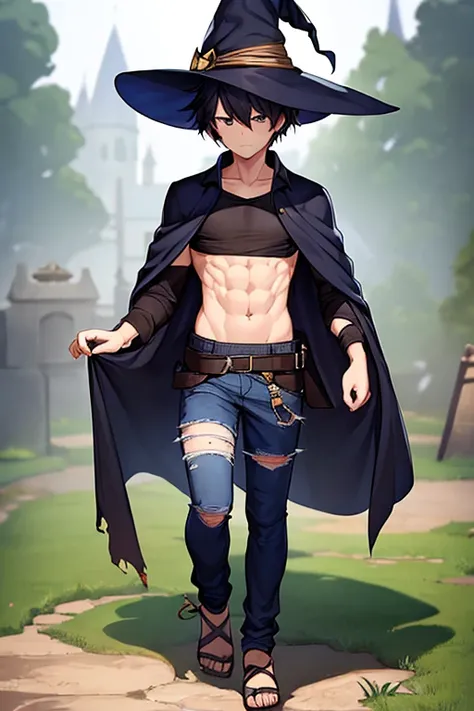 1boy, short hair, 1guy, witch hat, torn clothes, full body, ((full body)), adult, serious, muscular, wizard, shirt,