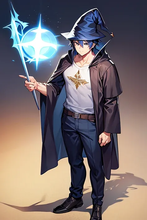 1boy, short hair, 1guy, wizard hat, full body, ((full body)), adult, serious, muscular, wizard, shirt,