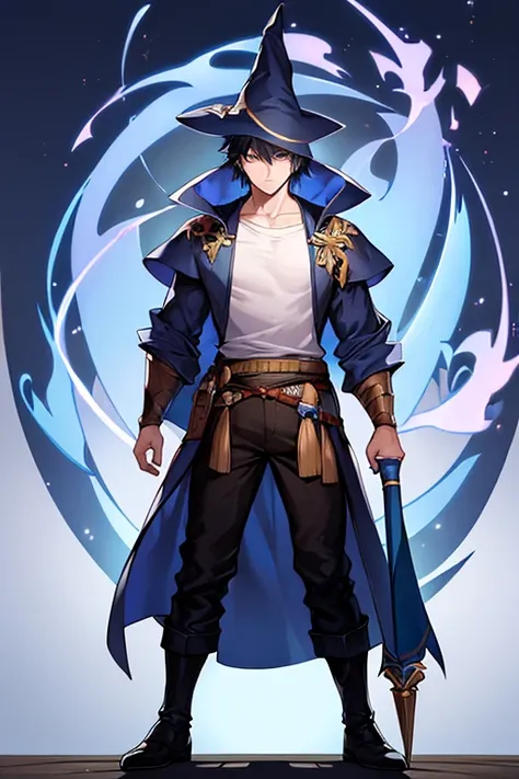 1boy, short hair, 1guy, wizard hat, full body, ((full body)), adult, serious, muscular, wizard, shirt,