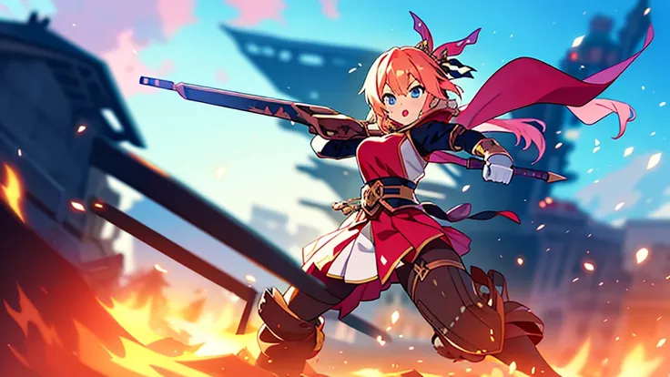 Anime girl , combat pose, (((blurry background))), character focus, fantasy outfits, solo,