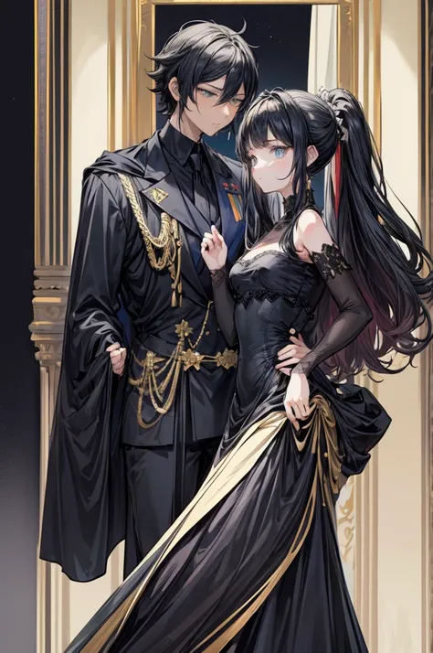 (flat color:1.1),(masterpiece:1.2), best quality, masterpiece, original, black silhouette figures of a royal man and woman