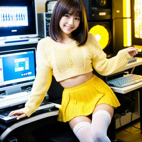 Japanese,22 years old,very cute,smile,Makeup is light,（Emphasis on thighs）,yellow knit clothes,（mini skirt）,white tights,A room full of computers,