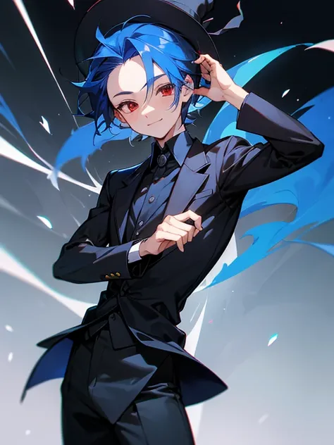 masterpiece, best quality, ultra detailed, 1boy, magician, black suit, silk hat, blue hair, short hair, stingy hair, forehead, red eyes, fearless smile