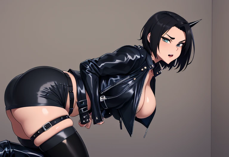 20 year old woman, busty, thick thighs, bubble butt, thin, skinny waist, sexy pose, horny aroused expression, short black hair wearing spiked leather jacket, blue zipped corset, leather skirt, belt, stockings, heeled boots, chocker