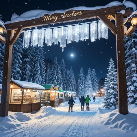 toy_store, window_display, winter_theme, snowy_pine_trees, LED_lights, magical_winter_night, fluffy_snowman_plush, glittering_snow_crystals, skiing_figures, winter_fun, colorful_scarves, wooden_snowshoes, ice_skates, winter_sports, festival_stalls, decorat...