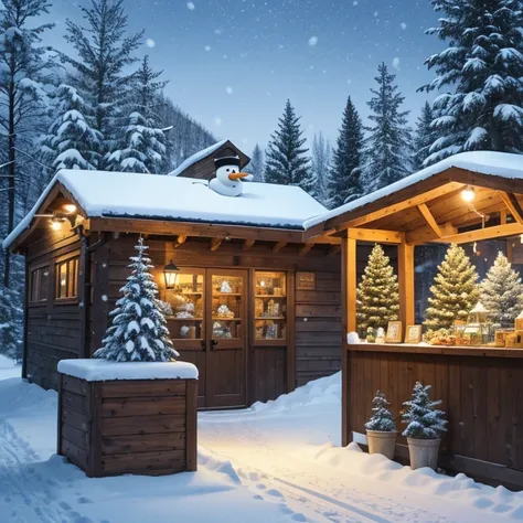 toy_store, window_display, winter_theme, snowy_pine_trees, LED_lights, magical_winter_night, fluffy_snowman_plush, glittering_snow_crystals, skiing_figures, winter_fun, colorful_scarves, wooden_snowshoes, ice_skates, winter_sports, festival_stalls, decorat...