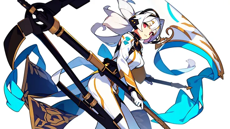 female , character focus, (((blurry background, white background))), solo, holding staff, profile,