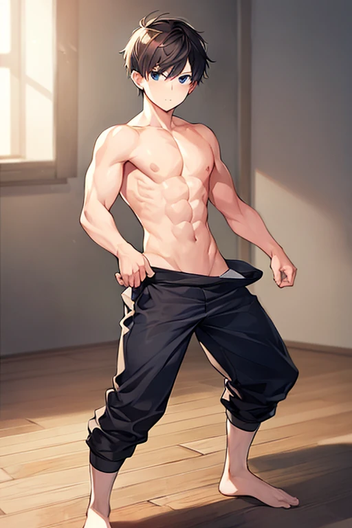 1boy, short hair, bandages, muscular full body, ((full body)), pants, fighting stance, head tilt, shirtless