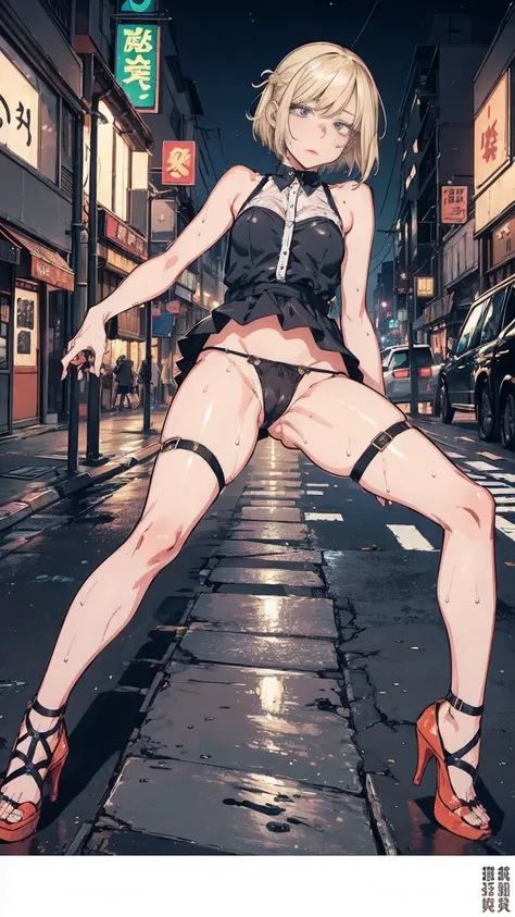 Ultra-detailed illustrations, Super fine skin, 1 girl, small, (drunk:1.4), blonde hair, a short bob, OL 、 even, High heel, street corner at night, (drunk and stumble:1.2), 、anime style，Wet female breasts、Collapsed to the ground，open legs，obscene exposure