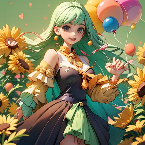 A girl holding flowers, Colorful balloons floating in the sky, pasture, dance, holding flowers, happy, happy, Perfect Quality, clear focus (Clutter Home: 0.8), (masterpiece: 1.2) (realistic: 1.2) (bokeh) (best quality) (detailed skin: 1.3) (intricate detai...