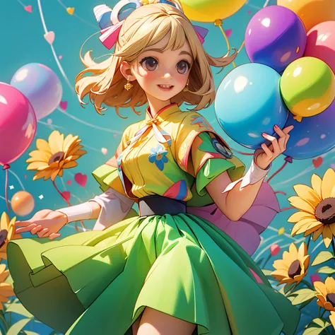 A girl holding flowers, Colorful balloons floating in the sky, pasture, dance, holding flowers, happy, happy, Perfect Quality, clear focus (Clutter Home: 0.8), (masterpiece: 1.2) (realistic: 1.2) (bokeh) (best quality) (detailed skin: 1.3) (intricate detai...