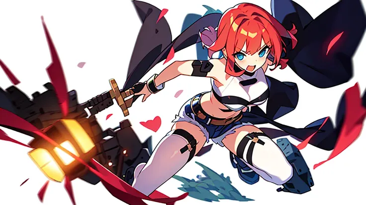 solo female, combat pose, (((blurry background, white background))), character focus, strapless bra, shorts, thigh high,