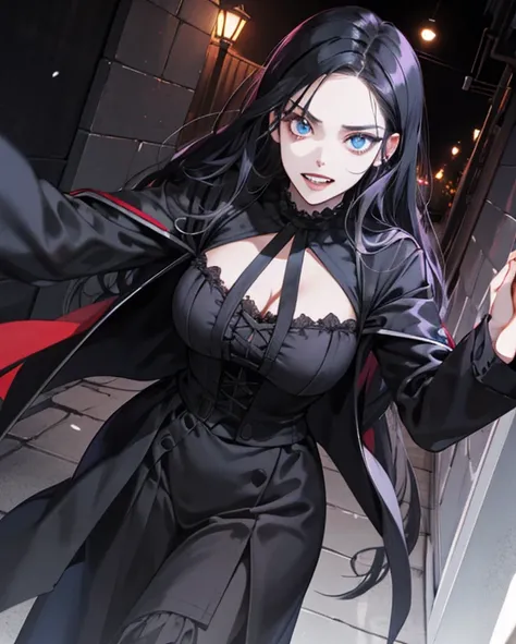 A beautiful vampire with long silky black hair, blue eyes, round face, white face, large bust, a gothic and sadistic vampire, malicious look, showing vampire teeth, standing in a dark alley looking, very dangerous, Dutch angle