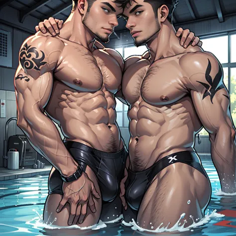 masterpiece, best quality, .Two men，swimming pool，sexy bodies, big bulges, homoerotic, black and white, line drawing, on white background, 