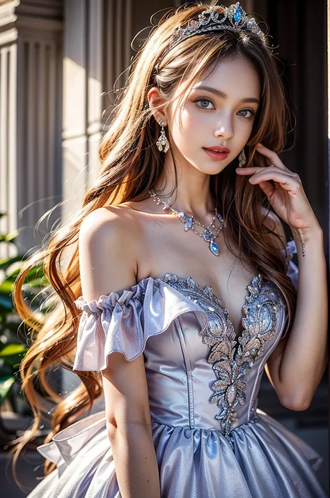 ((RAW shooting:1.5, realistic:1.5, 8K, highest quality, masterpiece, ultra high resolution)), Interior of a French royal palace, professional camera work:1.3, Highly detailed skin and facial textures:1.3, glow light effect, Super detailed:1.3, 1 cute 15 ye...