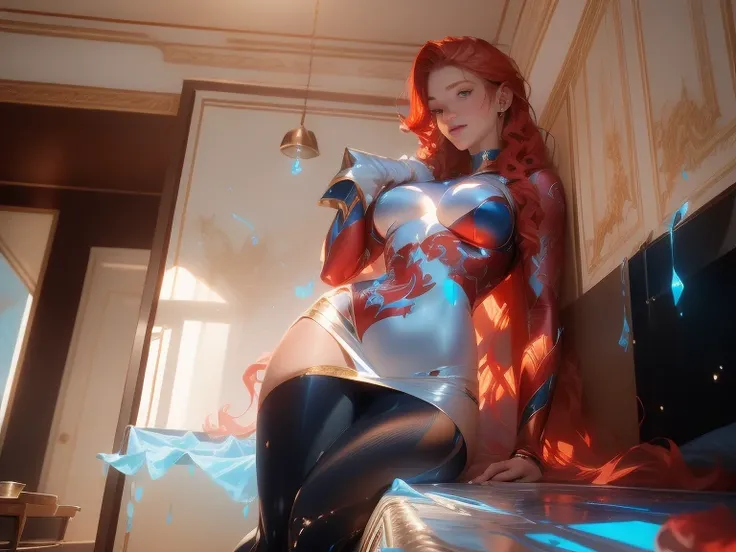 (best quality,4k,realistic:1.37),blue eyes,red hair,18-year-old girl,medium breasts,dewy skin,glistening skin,gorgeous,wavy golden curls,beautiful,hyperrealistic,Unreal Engine,subtle smile,perfect face,full body shot,slender thighs