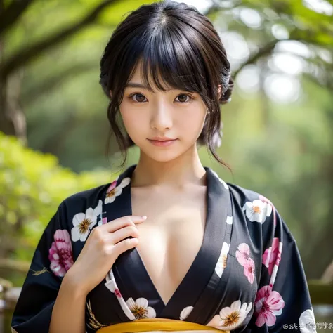 1 female, young japanese woman, 25 years old, focus only, Black updated hair, brown eyes, 
Detailed nipples, fit the body, Kimono with dark floral pattern, japanese samurai master, masterpiece, Ultra HD, RAW photo, fine skin texture, detailed face, fine ha...