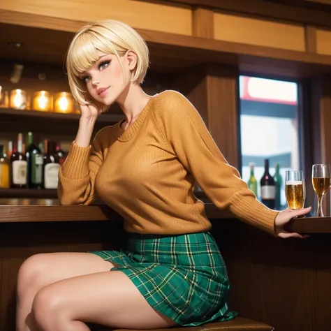 beautiful woman blonde short hair with bangs pink lips light eyes orange wool sweater short green plaid skirt sitting in bar hap...