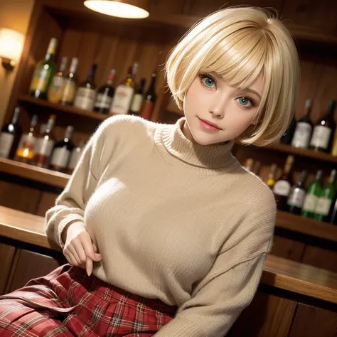 beautiful woman blonde short hair with bangs pink lips light eyes orange wool sweater short green plaid skirt sitting in bar hap...