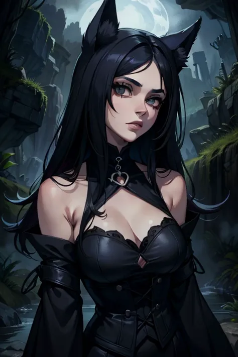 coven ahri, 1 garota, vestir, mangas destacadas, cabelo multicolorido, cabelo preto com estrias de cabelo grandes brancas, franj...