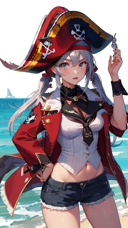 1 girl, masterpiece,  最high quality,  high quality, marine, pirate, pirate hat,shorts