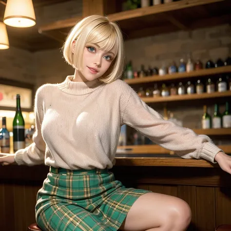 beautiful woman blonde short hair with bangs pink lips light eyes orange wool sweater short green plaid skirt sitting in bar hap...