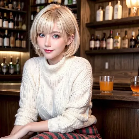 Beautiful woman blonde short hair with bangs pink lips light eyes orange wool sweater short green plaid skirt sitting in bar happy face 