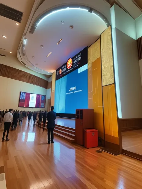 There  a big screen in the middle of the large conference hall，There are people inside, in a hall, Wide-angle lens, Wide-angle lens, hall, wide screen shot, full view, hall, wide view, Photo taken on 2 0 2 0, wide angle photo, wide image, Great view, su fu...