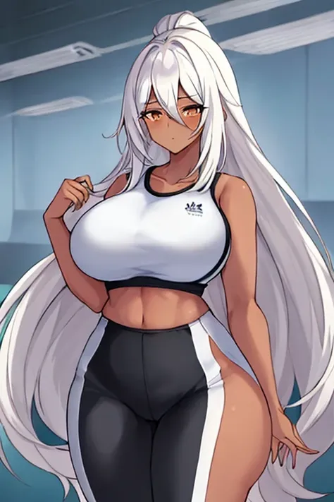 1girl, anime style, 2d, anime screencap, dark skin, dark-skinned female, white hair, long hair, large breasts, wide hips, thick thighs, shirt, sportswear, shy, sports bra, screencap, masterpiece